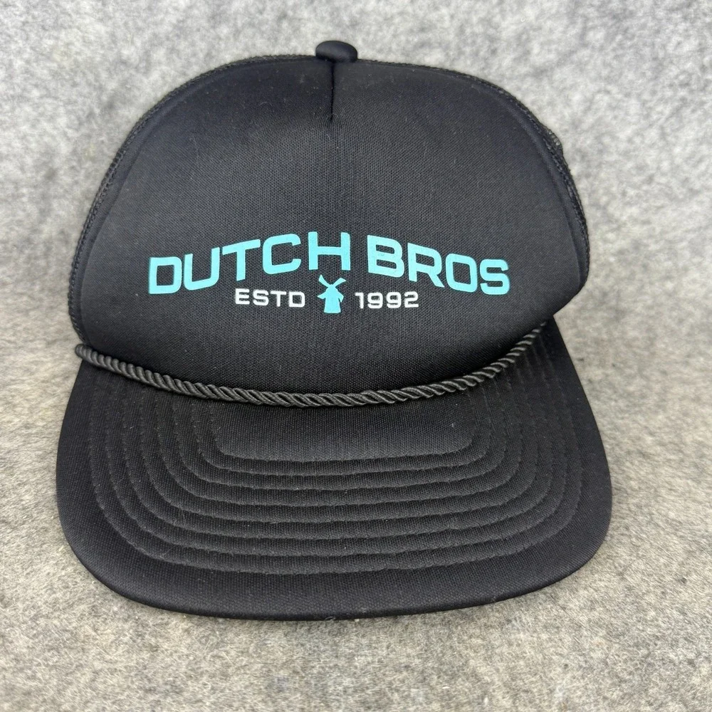 Dutch Bros Windmill Logo Black Rope Truckers Hat Baseball‎ Cap Adjustable Buckle